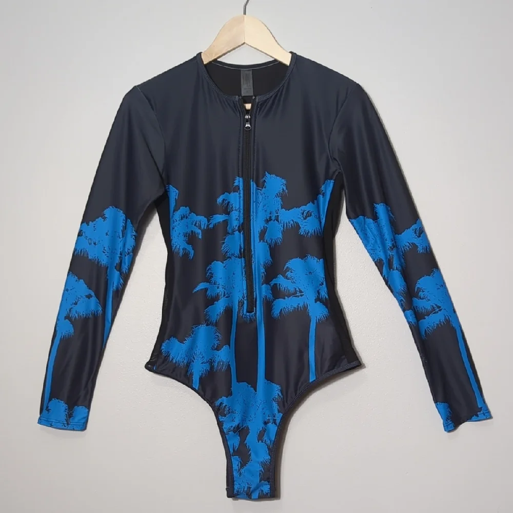 Fashion Nova Drip Palms One Piece Swimsuit Black Blue‎ Long Sleeve Tropical XL